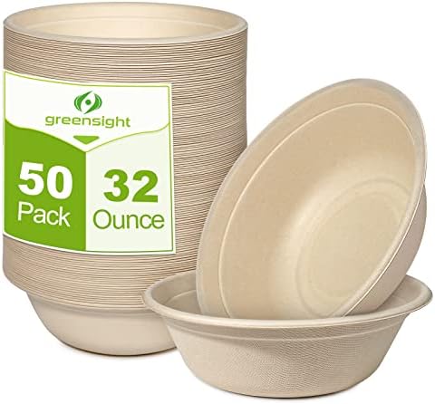 greensight 32oz Large Disposable Paper Bowls 50 Pack Heavy Duty Compostable