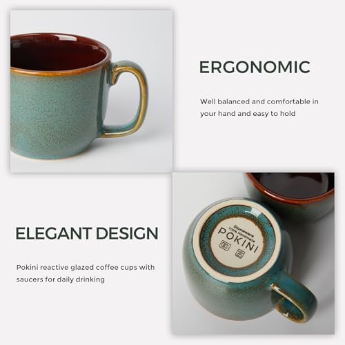 Pokini Stoneware Coffee Cups with Saucers, Cappuccino Cups, Mugs Set of 4