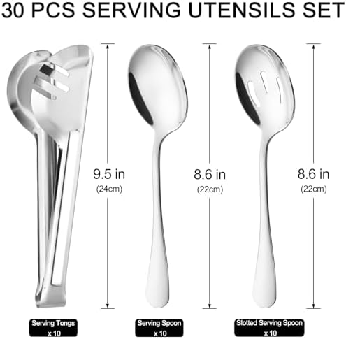 30 Pieces Stainless Steel Large Serving Utensils Set with Serving Spoons, Slotted Serving Spoons, and Serving Tongs Metal Serving Utensils for Parties Buffet Banquet
