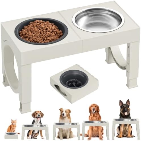 XIAZ Elevated Dog Bowls Large Breed Raised Dogs Bowl Stand Large/Medium Sized Dog Slow Feeder Dogs Bowls Food Water Stands 5 Heights Adjustable 9/11/12/14in Pet Feeder Dish Station