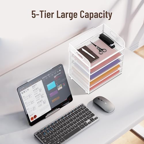2 Pack 5-Tier White Desk Organizer with Handle Mesh Desk File/Paper Organizer Letter Tray for Office, School and Home Easy Installation