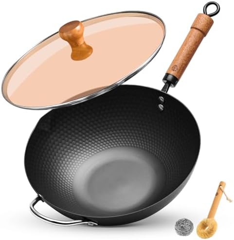 WANGYUANJI Carbon Steel Wok Pan, 12.6 Inch Flat Bottom Stir Fry Pan with Lid, Uncoated Heavy Duty Iron Wok for Induction and Gas Stoves
