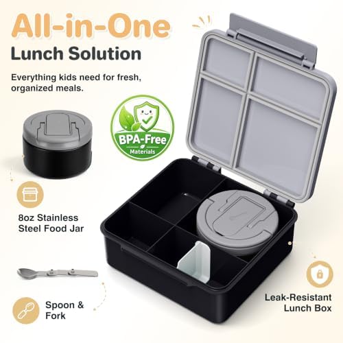 Bento Lunch Box for Kids with 8oz Soup Thermo,Kids Leakproof Lunch Food Containers with 4 Compartment,Kid Insulated Thermo Hot Food Jar for School,Trvael-Black