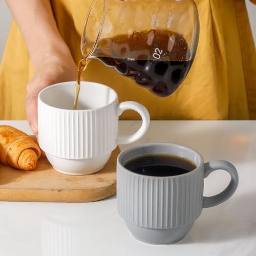 Hasense White Ceramic Coffee Mugs Set With Holder- 12 oz Stackable Coffee Cups Ceramic, Modern Ribbed Latte Cup Sets for Cappuccino, Tea, Espresso, Hot Cocoa, Drinks - Dishwasher & Microwave Safe