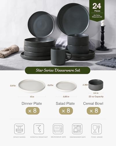 Famiware Star Stoneware Dinnerware Sets for 8, Reactive Glaze Plates, Bowls