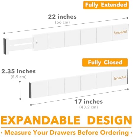 SpaceAid Bamboo Drawer Dividers with Inserts and Labels, Kitchen Adjustable Drawer Organizers, Expandable Organization for Home, Office, Dressers, 7 Dividers with 15 Inserts (17"-22" White)