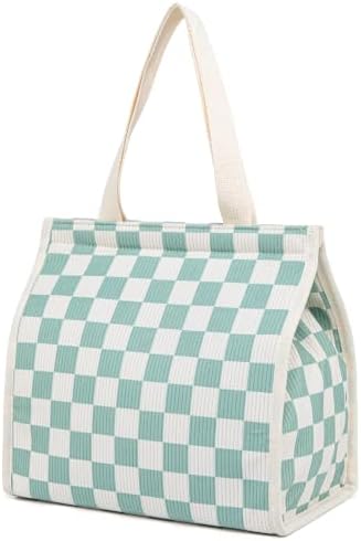 Insulated Lunch Bag for Work, 10.2"x5.9"x10.2" Oxford Waterproof Lunch Tote, Thermal Lunch Box for Office, Picnic & Outdoor, Striped Canvas Tote Bag -Check Green