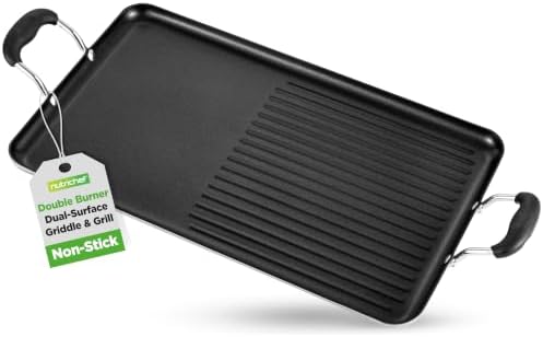 NutriChef 24" Stove Top Griddle Pan, Nonstick Double Burner Grill & Griddle Combo, Ridged & Flat Surfaces, Suitable for Frying & Searing, Cool-Touch Handles, Easy to Clean, Black