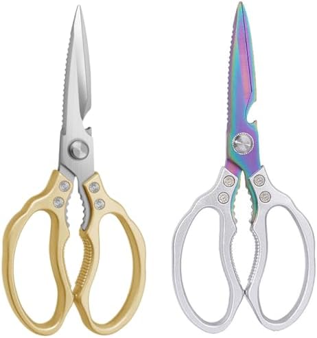 Premium Kitchen Shears 2-Pack Heavy Duty Poultry & Meat Scissors, Japanese Kitchen Scissors for Meat, Chicken Bones, and Turkey (Silver+Golden)