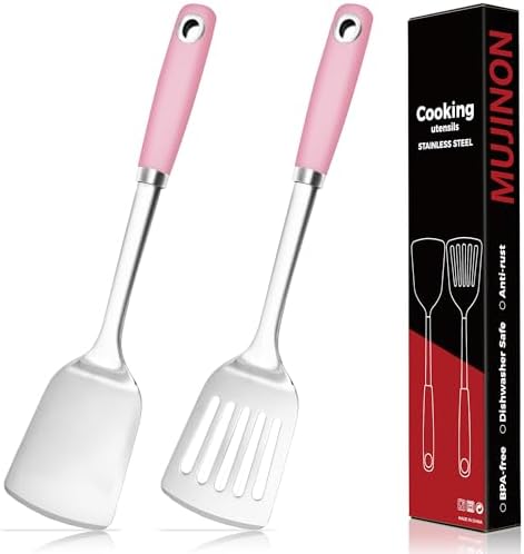 14-in Pink Spatula Set, 18/0 Stianless Steel Heavy Duty Turner & Slotted Spatula, Kitchen Cooking Utensils Set, High Heat Resistant, Grilling Frying Serving Food, Pack of 2