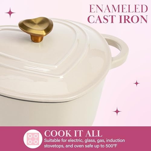 Paris Hilton Enameled Cast Iron Dutch Oven Pot with Lid, Heart-Shaped Dutch Oven, Durable Cast Iron Pot with Dual Handles, Oven Safe to 500°F, Works on All Stovetops, 4-Quart, Cream