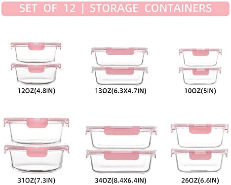 FAWLES 12 Pack Glass Storage Containers with Lids, Leak-Proof Meal Prep Containers, Dishwasher/Microwave/Oven/Freezer Safe Glass Food Storage Containers for Leftovers, to Go