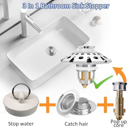 AzWzz Bathroom Sink Stopper with Hair Catcher, Pop Up Sink Drain Strainer