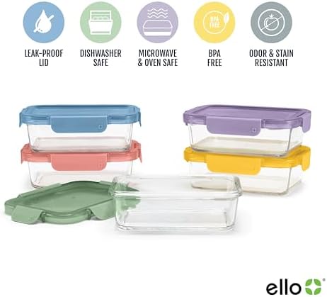Ello Color Lock 3.4 Cup Glass Meal Prep Containers & Lids, 5 Pack, Desert