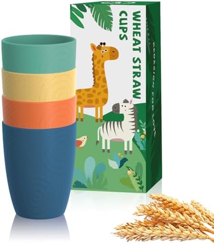 Homienly Plastic Cups Alternative Wheat Straw Drinking Glasses 4-Pack | 12 oz Unbreakable & Reusable Plastic Cups, Microwave Safe | Everyday Kids Tumblers & Kitchen Accessories (Multi-Color)