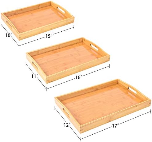 3 Pack Bamboo Serving Trays with Handles, Wooden Food Trays (Beige)