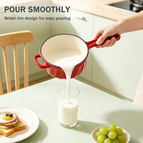 1 Quart Saucepan with Lid, Enameled Cast Iron Sauce Pan, Heavy Duty Small Pots for Cooking Pasta Sauce, Soup, Milk, Oven Safe up to 500°F (Red)