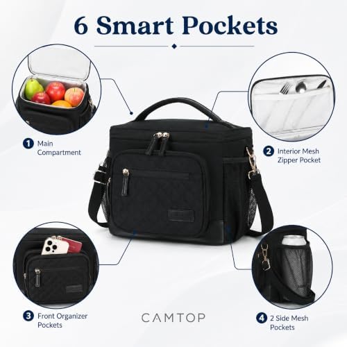 CAMTOP Lunch Box for Women Men Insulated Lunch Bag Lunch Tote Bag Leakproof Thermal Cooler Large Capacity for Travel Work School Picnic (Black - 1 Deck, X Large - 1 Deck)