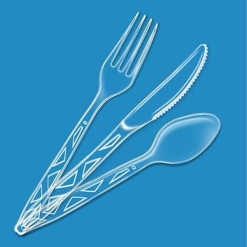 Amazon Basics Disposable Clear Plastic Cutlery Set, Premium Quality, Strong, 192 Count, Large Combo Pack Forks, Spoons and Knives (Pack of 6)