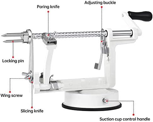 Apple Peeler Corer, Long lasting Chrome Cast Magnesium Alloy Apple Peeler Slicer Corer with Stainless Steel Blades and Powerful Suction Base for Apples and Potato(White)