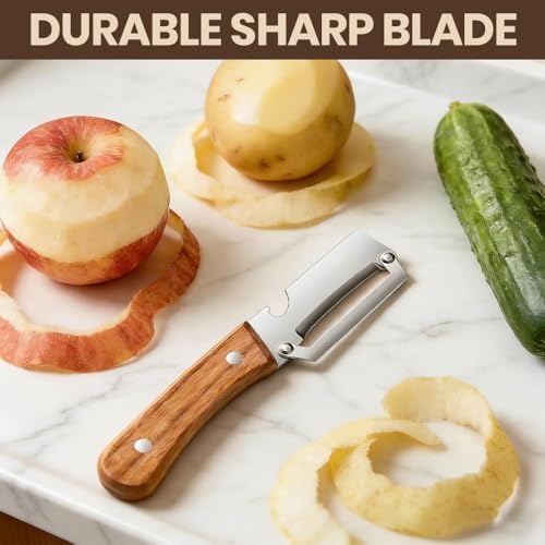 Premium Vegetable Peeler with Wooden Handle and Bottle Opener,Multi-Functional Vegetable Peeler for Kitchen, 2-In-1 Stainless Steel Kitchen Tool, for Fruit Veggie, Includes Bottle Opener (1PCS)