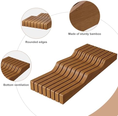 In-Drawer Knife Block Organizer - Bamboo Wood Drawer Knife Organizer-Protecting Knife Organizer Block (Not Included) (Brown, 15 Knives Dock)