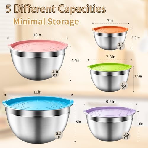 Mixing Bowls with Airtight Lids Set, 5 PCS Stainless Steel Colorful