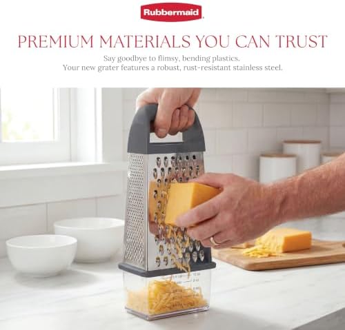 Rubbermaid EZ Grip Box Grater, Stainless Steel Cheese Grater & Container - BPA Free Multi-Surface Cheese Shredder & Food Grater for all Vegetables | Graters for Kitchen -Non-Slip Base, Dishwasher Safe