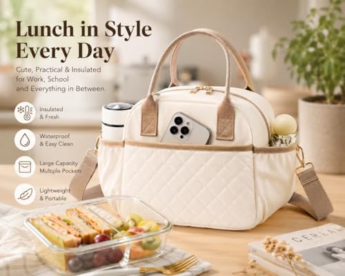BTOOP Lunch Box for Women, Quilted Insulated Lunch Bag with Shoulder Strap