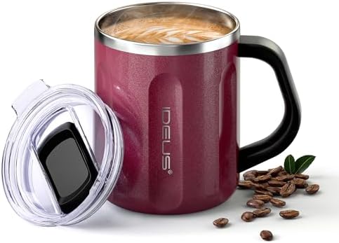 Ideus 16 oz Insulated Coffee Mug with Lid and Handle (Burgundy, FUJI FLOW)