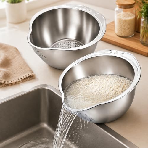 2 Pack Rice Washer Strainer Bowl, Stainless Steel Colander
