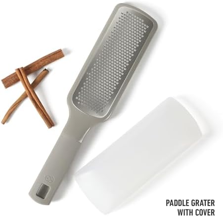 Calphalon Prime Cheese Grater, Stainless Steel Paddle Grater with Non-Slip Rubber Handle and Protective Cover, Kitchen Shredder for Cheese, Vegetables & Chocolate, Taupe