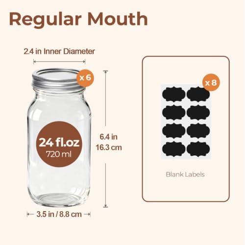 ComSaf Regular Mouth 24 oz Mason Jars 6 Pack, Tall Glass Jars with Lids