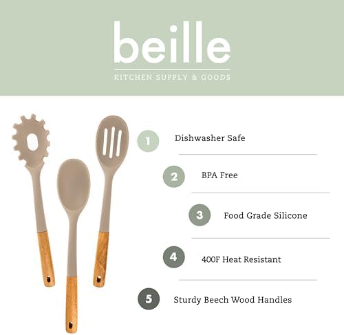 Beille 3pc Beech Wood and Silicone Cooking Spoon Set Kitchen Utensils Baking Supplies Home Essentials, Light Grey