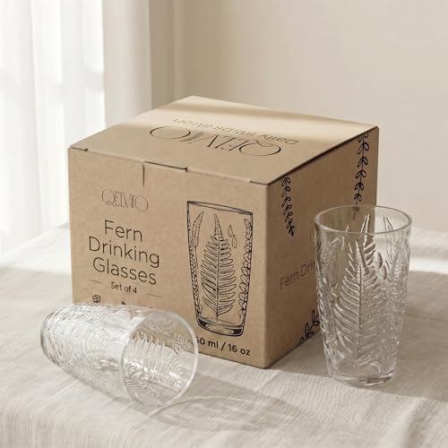 Clear Drinking Glasses Set of 4, 16 oz Glass Cups, Vintage Fern Glassware
