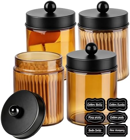 Amolliar Amber Glass Apothecary Jar Qtip Holder Metal Lids 4pc/Amber-black