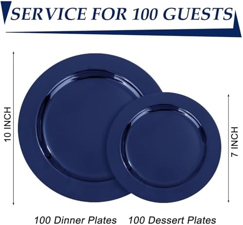 FLOWERCAT 200PCS Navy Blue Plastic Plates Disposable Plates for Party - Heavy Duty Plastic Plates - 10" &7" Plate for 100 Guests Hanukkah Parties and New Year Events