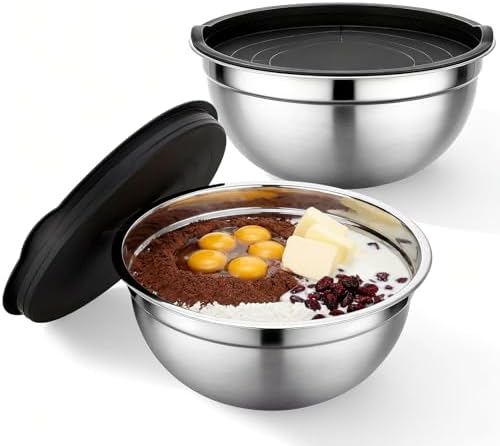 Beasea Mixing Bowls with Lids, 2 Pack 4 QT Stackable Stainless Steel Mixing Bowls Set with Lids, Metal Nesting Bowl for Kitchen, Baking, Food Prepping and Serving