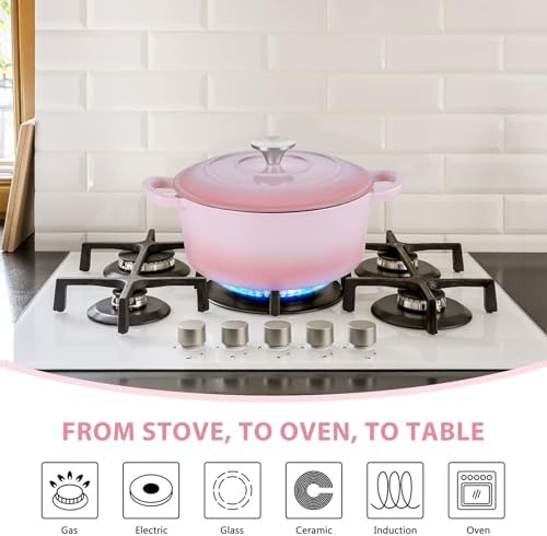 E-far 3 Qt Enameled Cast Iron Dutch Oven with Lid, Small Round Nonstick Dutch Oven Pot for Bread Baking Braising Stews Roasting Cooking, Heavy Duty, Induction & Oven Safe - Pink