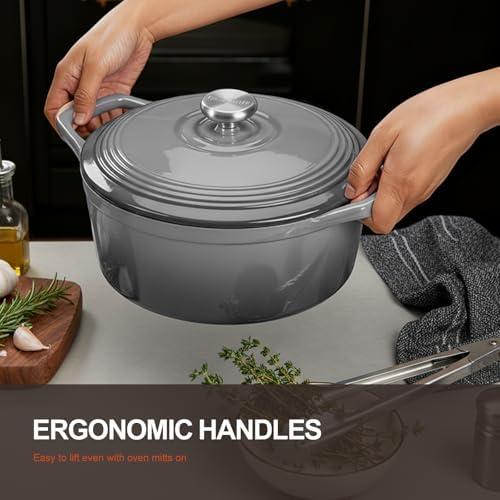 Overmont Enameled Cast Iron Dutch Oven - 5.5QT Pot with Lid Cookbook, Grey