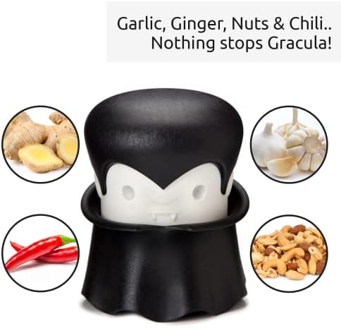 OTOTO Gracula Garlic Press, Garlic Crusher, Garlic Mincer, Also for Ginger, Nuts, Chili, Herbs - Twist Top Mincer & Easy Squeeze Manual Press Peeler, Goth Gifts