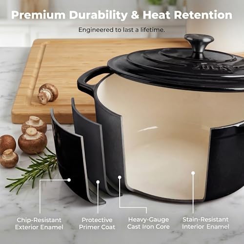 Zulay Kitchen 6.4 Quart Enameled Cast Iron Dutch Oven Pot with Lid – Premium Durability & Oven Safe up to 500°F – Heavy Duty Cookware Perfect for Bread Baking, Stews, Braising & Roasting - Black