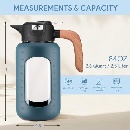 84 oz/2.5 Liter Glass Pitcher with Lid and Handle, Glass Carafe/Jug for Hot/Cold Water, Large Iced Tea Pitcher for Coffee, Juice and Homemade Beverage
