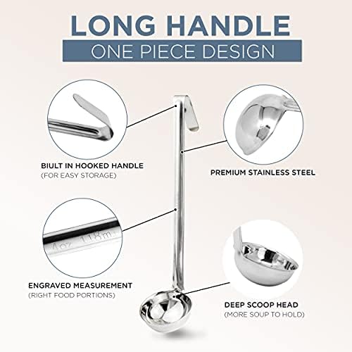 Fit Meal Prep Stainless Steel Soup Ladle - One-Piece Sauce Spatula with Hook Handles, Commercial Grade Serving Spoon, Kitchen Tool for Restaurant or Home Cooking, 13.75” Long - [Pack of 2] 4 Oz