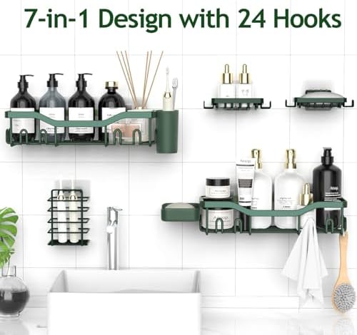 NESOMI Shower Caddy Adhesive Shower Organizer 7-Pack, Rustproof Stainless Steel Bathroom Shelves, Large Capacity No-Drill Rack Storage Accessories with Soap Dish Toothbrush Holder Hooks