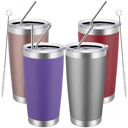 MEWAY 20oz Tumbler 4 Pack Double Wall Vacuum Insulated Travel Mug Bulk, Mix Color Stainless Steel Tumblers with Lid and Straw, Durable Powder Coated Coffee Cups for Cold & Hot Drinks（Color Mix, 4