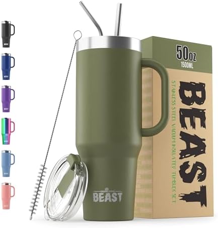 Beast 50 oz Tumbler with Handle Stainless Steel Vacuum Insulated Coffee Ice Cup Double Wall Travel Flask (Army Green)