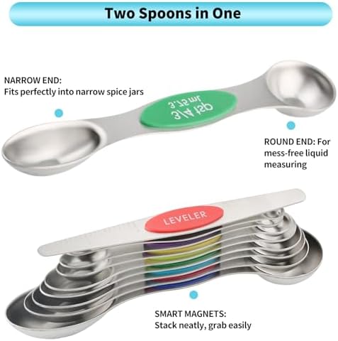 Magnetic Measuring Spoons Set of 9 with Leveler, Color-Coded Dual Sided Stainless Steel Measuring Spoon Set, Stackable Teaspoon and Tablespoon Set for Baking, Cooking, Kitchen Gadgets Dishwasher Safe