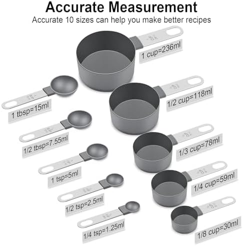 Measuring Cups and Spoons Set, 10-Piece with Stainless Steel Handles, Grey
