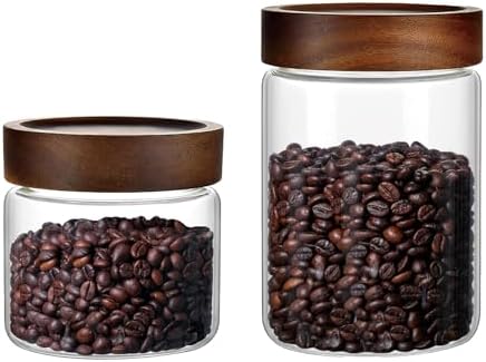 Set of 2 Glass Jars Food Storage Canister with Airtight Wooden Screw on Lid